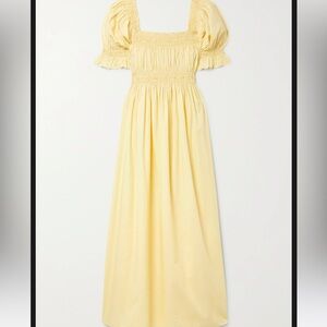 Doen  yellow eclipse puff sleeve embroidered organic cotton poplin midi dress